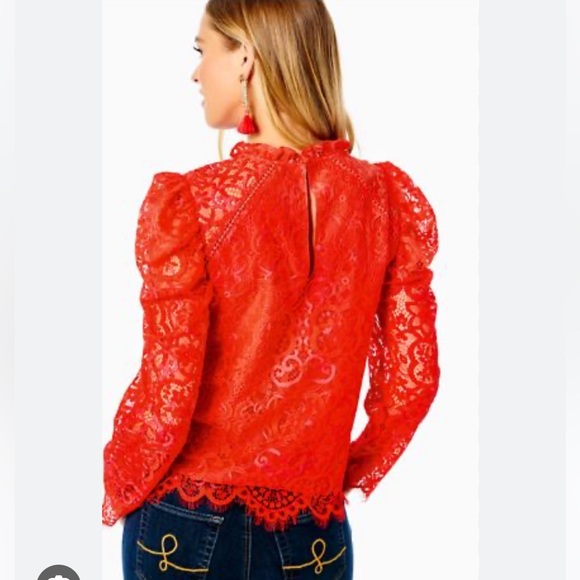 Lilly Pulitzer Averi White Puff Sleeve Top Scalloped Hem Red Hot Pink Two Tone L - Picture 3 of 12